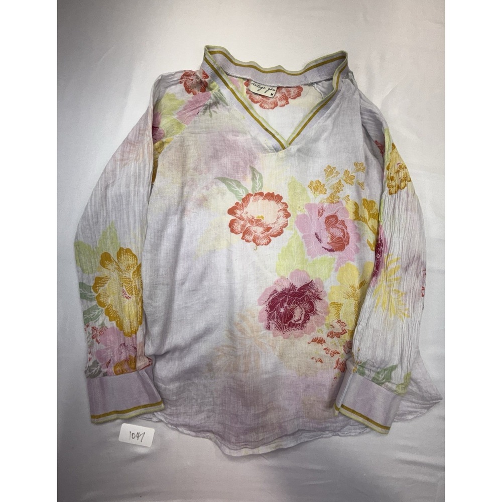 Vintage Goa Women's M White/Multicolor Floral V-Neck Long Sleeve Cotton Blouse